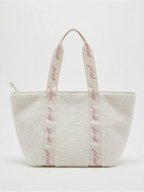 Victoria’s Secrete Cream Sherpa Tote Bag with Pink Script Handles